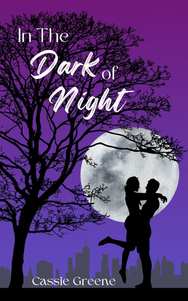 In the Dark of Night Cover. The silhouettes of a man and woman are beneath the silhouette of a tree with a full moon and city in the background.